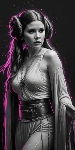 Black and white sketch, realistic, female, Princess Leia, Star Wars, long flowing hair, chains, splashes of neon colors, neon colors