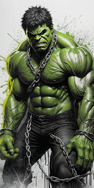 Black and white sketch, realistic, The Incredible Hulk, Marvel comics, chains, (((splashes of neon colors)))),  neon colors