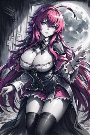 sketch, cleavage, red hood, seductive gaze, mysterious atmosphere, dark forest, moonlit night, flowing cloak, enigmatic smile, suggestive pose, subtle lighting, hints of danger, alluring presence, hidden secrets, captivating eyes,ClrSkt,monochome,rias gremory