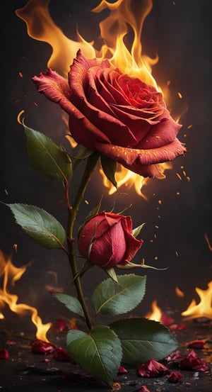  Rose, pedals on fire, bleeding heavily from flower