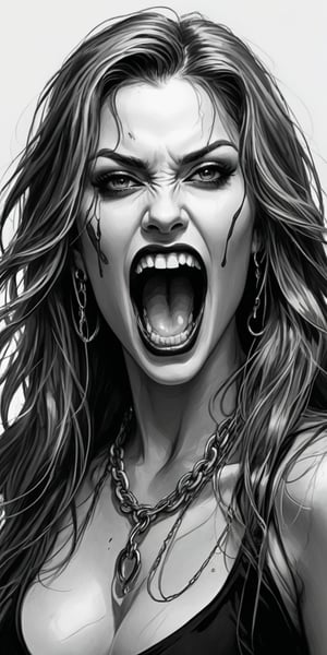 Black and white sketch, realistic, female, Vampire, open mouth, long fangs, long flowing hair, chains, splashes of neon colors, neon colors