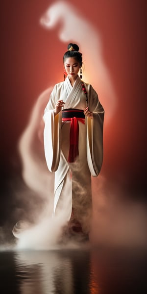 A Chinese Taoist woman wearing white Taoist robe, off shoulders, bar shoulders, single bun,cinematic light, perfect anatomy, (smoke:1.4), stand in water with front facing us, a drift of red smoke swirls around here, background is (Taoist temple:1.4), (swirls smoke:1.4), sharp focus, volumetric fog, 8k UHD, DSLR, high quality,