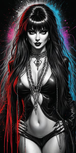 Black and white sketch, realistic, female, Elvira, Mistress of the dark, long flowing hair, chains, (((splashes of color))), neon colors