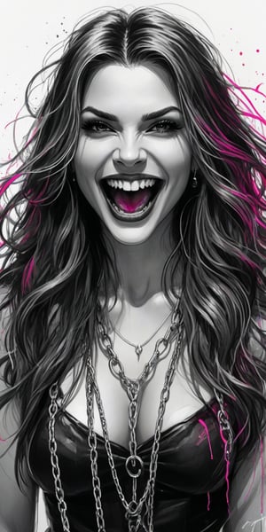 Black and white sketch, realistic, female, Vampire, smile, long fangs, long flowing hair, chains, splashes of neon colors, neon colors