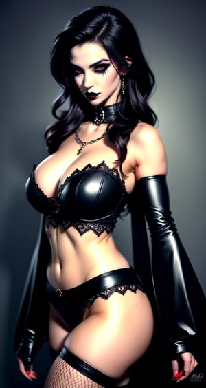 1 female, white iris's, pale face, exaggerated black eye makeup, black lipstick, black cloths, chains, fishnet, elbow length fingerless gloves, Gothic, vampire