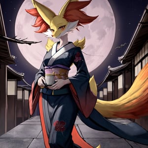 Pokemon hembra, delphox con kimono, cielo de noche, unico personaje en la imagen, cuerpo sexy, delphox femenina, rostro del personaje bien hecho, senos grandes,, ciudad japonesa antigua de fondo, kimono rosa, luna llena de fondo