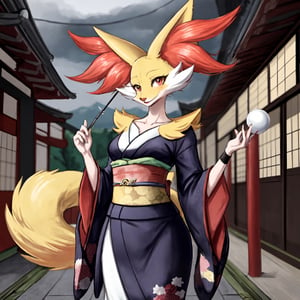 Pokemon hembra, delphox con kimono, cielo lluvioso, unico personaje en la imagen, cuerpo sexy, delphox femenina, rostro del personaje bien hecho, senos grandes, ciudad japonesa antigua de fondo, kimono rosa, cuerpo completo