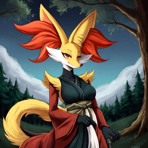 Pokemon hembra, ninja, delphox ninja, cielo de noche, fondo de un bosque, ropa de ninja, unico personaje en la imagen, cuerpo sexy, más personajes en la imagen, delphox femenina, rostro del personaje bien hecho