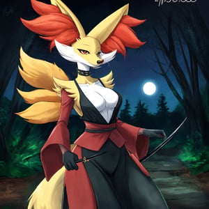 Pokemon hembra, ninja, delphox ninja, cielo de noche, fondo de un bosque, ropa de ninja, unico personaje en la imagen, cuerpo sexy, más personajes en la imagen, delphox femenina