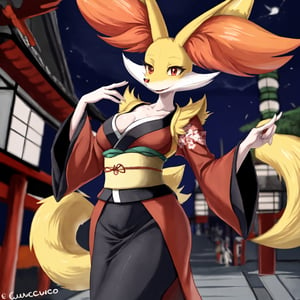 Pokemon hembra, delphox con kimono, cielo de noche, unico personaje en la imagen, cuerpo sexy, más personajes en la imagen, delphox femenina, rostro del personaje bien hecho, tetona, ciudad japonesa antigua de fondo, kimono rosa