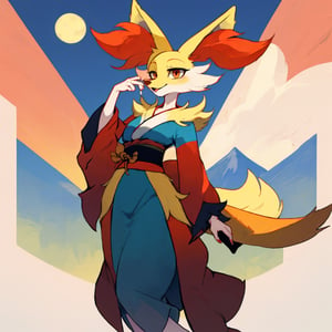 Pokemon hembra, delphox con kimono, cielo de atardecer, unico personaje en la imagen, cuerpo sexy, delphox femenina, rostro del personaje bien hecho, senos muy grandes, tetonaciudad japonesa antigua de fondo, kimono rosa, cuerpo completo,(best quality