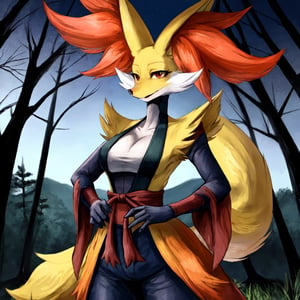 Pokemon hembra, ninja, delphox ninja, cielo de noche, fondo de un bosque, ropa de ninja, unico personaje en la imagen, cuerpo sexy, más personajes en la imagen, delphox femenina, rostro del personaje bien hecho, tetona