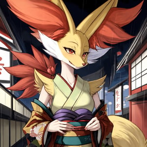 Pokemon hembra, delphox con kimono, cielo lluvioso, unico personaje en la imagen, cuerpo sexy, delphox femenina, rostro del personaje bien hecho, senos grandes, ciudad japonesa antigua de fondo, kimono rosa, delphox con un paraguas