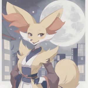 Pokemon hembra, delphox ninja, noche de luna llena, unico personaje en la imagen, cuerpo sexy, delphox femenina, rostro del personaje bien hecho, senos muy grandes, tetona, ciudad japonesa antigua de fondo, ropa ninja, cuerpo completo, 