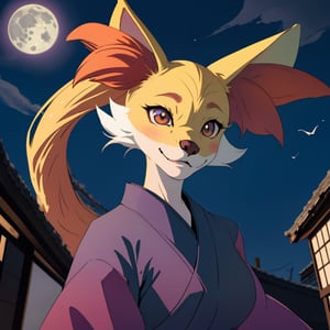 Pokemon hembra, delphox ninja, noche de luna llena, unico personaje en la imagen, cuerpo sexy, delphox femenina, rostro del personaje bien hecho, senos muy grandes, tetona, ciudad japonesa antigua de fondo, ropa ninja, cuerpo completo, 