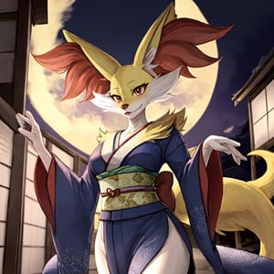 Pokemon hembra, delphox con kimono, cielo de atardecer, unico personaje en la imagen, cuerpo sexy, delphox femenina, rostro del personaje bien hecho, senos muy grandes, tetonaciudad japonesa antigua de fondo, kimono rosa, cuerpo completo