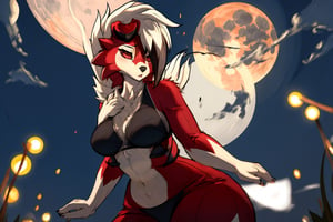 Pokemon hembra, gardevoir ninja, noche de luna llena, unico personaje en la imagen, cuerpo sexy, gardevoir femenina, rostro del personaje bien hecho, senos muy grandes, tetona, ciudad japonesa antigua de fondo, ropa ninja, cuerpo completo, ,Lycanroc