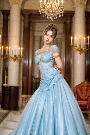 (cinderella blue king dress:1.2), 15 years old,  (A european girl in a modern, elegant ball gown:1.2), styled with a sleek updo and minimalist jewelry. She should have a confident, regal expression. The background is a luxurious modern palace, with clean lines, high ceilings, and extravagant chandeliers. The photo should be shot in high definition, with a sharp focus on the subject and a soft, blurred background for a captivating portrait,photorealistic,(arms behind back:1.2), (arms bent:1.2), (view from front:1.4), ,1 girl, (shibari over clothes:1.2),medium_breast_bondage, dynamic pose,