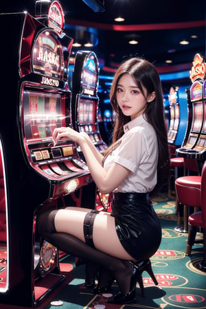 A Chinese girl, 28 years old, with short black hair, charming glasses, (wearing a shirt:1.2), (black stockings and black high heels:1.2), (was seen in a casino with a huge jackpot on a slot machine:1.2).

The slot machine brand is TC
Thor's Hammer

solo, looking at viewer, open mouth, simple background, teeth, tongue, tongue out, no humans, animal, fangs, black background, portrait, animal focus, tiger,1 girl