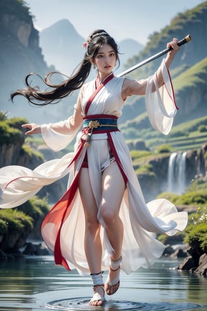 (RAW, Masterpiece, Best Quality, Photorealistic, HD, 8K), 1girl, 16 years old, black hair, long hair, hair blowing in the wind, traditional Chinese hairstyle, Jin Yong martial arts, solo, hair accessories, pink lips. Long eyelashes, correct human body structure, standard female figure, thin, fairy temperament, thin and transparent clothes, bellyband, naked lower body, perfect of pussy, loose hair, very bright big eyes, fine hair, large pores , small breasts, navel, ponytail, arms, outdoors, Chinese sword, water, bun, holding weapon, uncensored, single bun, arms extended, realistic, waterfall, girl swinging sword, martial arts moves, sword fighting moves, jumping , lunge, stand independently, movements clearly visible. The sword is long and delicate, with a mountain background and a waterfall background. Large wide angle lens, movie lens, real photo, Chinese landscape painting scenery, blurred background. Full body photos, chinkstyle, ink painting,jianxian,ru skirt