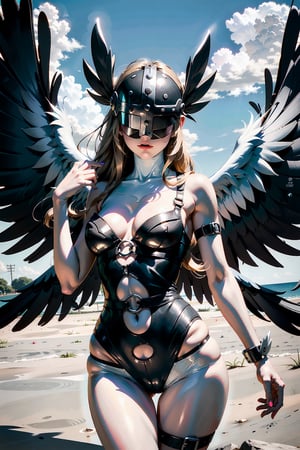 masterpiece, best quality, (detailed face, detailed skin texture), (cinematic light: 1.1), angewomon, 1girl, solo, long hair, blonde hair, gloves, pink ribbon, navel, cleavage, underwear, bare shoulders, feathered wings, o-ring, elbow gloves, belt, white gloves, thigh strap, winged helmet, head wings, white wings, asymmetrical clothes, covered eyes, multiple wings, digimon (creature),better_hand, perfect hands,sky background