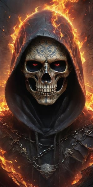Generate hyper realistic image of  a male figure captivates the viewer with piercing red eyes that seem to flicker like embers. He wears a hood and mask, concealing his identity, with a chain draped across his upper body. Glowing runes accentuate the mystical presence as a cloak billows in an unseen fire. The hood is up, and a subtle skull or skeleton detail adds an eerie touch, creating a captivating image of otherworldly intensity.
