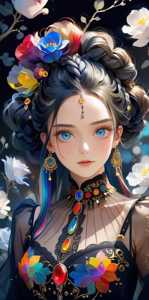 ultra Realistic,1 Girl,Beautiful Blue eyes, with crazy alternate hairstyle, amazingly intricately dreadlocks hair,colorful color hair, each braid painstakingly created,decorated with delicate accessories and beads, hair dark gold and black in color,aesthetic,Rainbow haired girl 