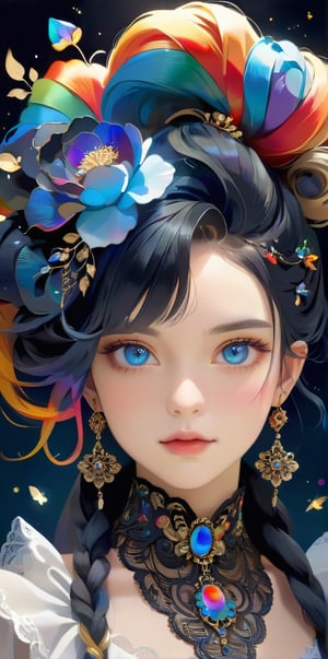 ultra Realistic,1 Girl,Beautiful Blue eyes, with crazy alternate hairstyle, amazingly intricately dreadlocks hair,colorful color hair, each braid painstakingly created,decorated with delicate accessories and beads, hair dark gold and black in color,aesthetic,Rainbow haired girl 