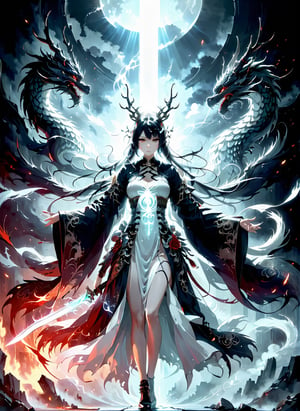 minimalism style, WLOP art style, (a character worrior with raised the long ghostblade in hand,  eye light, sharpness, dragon behind), cinematic foootage, (full body), dark anime fantasy, intricate details,8k post production, faithful, Religious denomination,colorful cinematic, dark green red white blue gold fire tone,dark anime