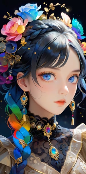ultra Realistic,1 Girl,Beautiful Blue eyes, with crazy alternate hairstyle, amazingly intricately dreadlocks hair,colorful color hair, each braid painstakingly created,decorated with delicate accessories and beads, hair dark gold and black in color,aesthetic,Rainbow haired girl 