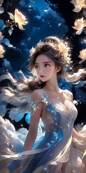 super fine illustration,masterpiece, best quality,{beautiful detailed eyes},1girl,finely detail,Depth of field, 4k wallpaper,bluesky,cumulus,wind,insanely detailed frills,extremely detailed lace,BLUE SKY,very long hair,Slightly open mouth,high ponytail,silver hair,small Breasts,cumulonimbus capillatus,slender waist,There are many scattered luminous petals,Hidden in the light yellow flowers,Depth of field,She bowed her head in frustration,Many flying drops of water,Upper body exposed,Many scattered leaves,branch ,angle ,contour deepening,cinematic angle ,{{{Classic decorative border}}}