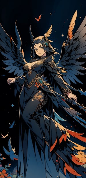 1girl,raven head gear, intricate, black feather dress, bird wings, midium breast, body, dynamic action pose, looking_at_the_viewer ,glittering flowers, complex background,weapon,1 girl,SAM YANG,High detailed ,seek,Pixel art,portrait,illustration,fcloseup,nodf_lora