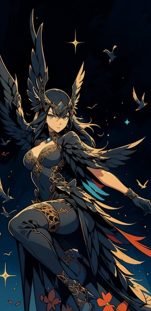 1girl,raven head gear, intricate, black feather dress, bird wings, midium breast, body, dynamic action pose, looking_at_the_viewer ,glittering flowers, complex background,weapon,1 girl,SAM YANG,High detailed ,seek,Pixel art,portrait,illustration,fcloseup,nodf_lora