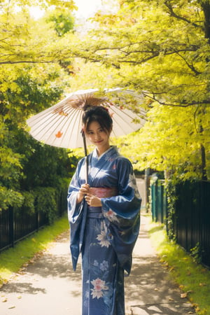 1girl, solo, looking at viewer, brown hair, holding, standing, outdoors, japanese clothes, kimono, tree, leaf, umbrella, holding umbrella, branch, blue kimono, oil-paper umbrella, autumn leaves 