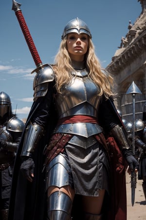 1girl, 24 years old, solo, looking at viewer, skirt, blonde hair, holding, standing, full body, weapon, long hair, belt, sword, cape, holding weapon, armor, fur trim, holding sword, sandals, helmet, shoulder armor, sheath, shield, breastplate, red cape, scabbard, holding shield, gladiator sandals,nodf_lora