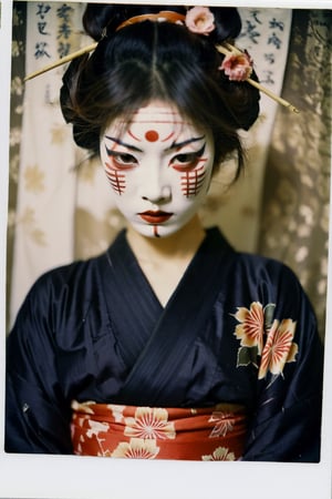 portrait of a japanese girl, polaroid,film, graininess, ANGRY, kimono, wearing hannya mask.