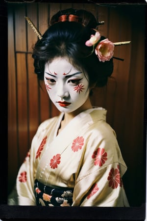 portrait of a japanese girl, polaroid,film, graininess, ANGRY, kimono, wearing hannya mask.