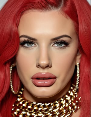 A high-resolution close-up photograph of red-haired Justina Valentine's face. She is wearing a thick chain necklace and heavy makeup. Her lips are glossy.