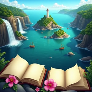 a beautiful landscape with a waterfall cascading down a rocky cliff. The waterfall is surrounded by lush greenery and trees, and the water is a deep blue-green color. In the center of the image, there is a small island with a lighthouse on top of it. The island is covered in trees and rocks, and there are several small boats floating on the water. The sky is a bright blue with a few clouds, and it appears to be a sunny day. In the foreground, there are two large open books, one on top and one on the bottom, with pink flowers scattered around them. The pages of the books are open, and they are resting on the rocks. The overall mood is peaceful and serene, with a sense of adventure and wonder.