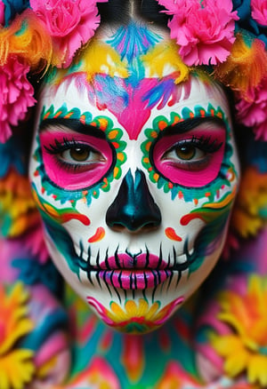 Unveil the mesmerizing beauty of a vibrant sugar skull, bathed in an aura of neon colors that seem to pulse with life. Get up close and personal with this stunning skull, where intricate details are hidden beneath a riot of bold, neon hues. Pink, blue, and green swirl together in a kaleidoscope effect, as if the very fabric of reality has been woven into a tapestry of color. The eye sockets, once empty, now glow with spirals of rainbow-colored lights that seem to defy gravity. Inspired by the bold, graphic style of street art and graffiti, this piece embodies a sense of vibrant, neon-infused energy. Utilize sharp lines, bright colors, and striking contrasts to bring this sugar skull to life. Visualize this image in a high-contrast, black-and-white style with pops of bright color to emphasize the kaleidoscope effect.Balance the composition by focusing on the sugar skull, allowing its intricate details and neon hues to take center stage. Use bold lines and sharp angles to create a sense of depth and dimensionality, as if the viewer is peering into the very soul of this vibrant skull. Infuse the atmosphere with a sense of wonder, curiosity, and enchantment, inviting the viewer to step into this kaleidoscope world and experience the mesmerizing beauty of this sugar skull.