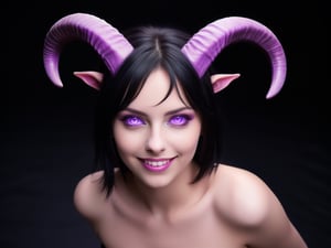 horns pale-skinned female all fours black hair purple eyes sultry suggestive look smile l00nelv1a, masterpiece, best quality, high quality,l00nelv1a