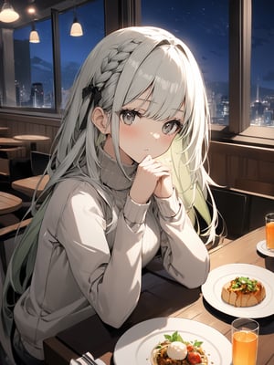 [[kal‘tsit(arknights)]],Extreme detailed, (masterful), 1girl, solo, long hair, blush, bangs, large (bow), medium breasts, very long hair, closed mouth, standing, braid, white hair, grey hair, large black bow with intricate chains, parted lips, grey eyes, looking at viewer, shirt, long sleeves, hands under chin, 1girl, sitting, white shirt, food, solo focus, indoors, sweater, cup, window, turtleneck, night, pov, eating, table, 1other, plate, drinking glass, fork, white sweater, grey sweater, spaghetti, restaurant, (mature face), mature, opposite viewer, front view, night time, warm lighting