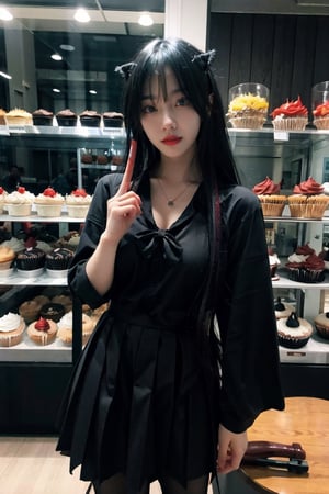 1girl,Korean woman,(goth:1.2),
pale skin,bangs,eyeliner,faint red eyeshadow,long black hair,blood red lipstick,
behind counter,black and red satanic cupcakes and satanic minicakes, goth cupcake shop,dimly lit,midnight,full_body,full clothes ,uniform