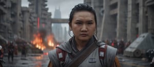 cinematic film (star wars) Image of a mongolian warrior standing in the middle of a street surrounded by concrete tower blocks, raining, close up,, filmic, vignette, highly detailed, high budget Hollywood movie, bokeh, cinemascope, moody, epic, gorgeous, film grain, grainy, foggy glow, (passion, fire, red lighting,:1.05), cip4rf


