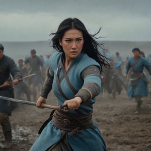 a beautiful medieval mongolian warrior woman in sword combat stance, in dynamic stance running, fighting holding one greatsword, wounded scrathes on face, ((angry face)), she has a beautiful eyes, she has a long black  hair, muddy hands holding bow and arrow, crying:3, tears:4, wearing sky blue heavy war armor with blood strains and scratches, war grounds, medieval battle, thousands of soldiers, two army in battling background (blue banner, yellow banner), dead soldiers lying on ground, dead bodies on ground, mud, blood on ground, damaged (detailed and diffirent) armors and blades, lot of ashes in the air and fire, mountain, night and dark, ultra wide lanscape shot, side shot, ultra detailed, realistic grayish colors,  
, cinematic moviemaker style,elina,Decora_SWstyle,anger,angry,screaming, cinematic moviemaker style,elina,Decora_SWstyle,anger,angry,screaming