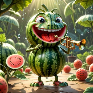 ((masterpiece:1.3,concept art,best quality)), very cute appealing anthropomorphic, playing trumpet watermelon, looking at the viewer, big grin, happy, fruit, droplets, macro, sunlight, fantasy art, dynamic composition, dramatic lighting, epic realistic, award winning illustration, more detail XL