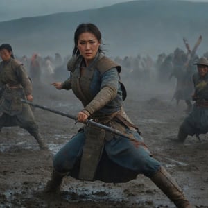 a beautiful medieval mongolian warrior woman in sword combat stance, in dynamic stance running, fighting holding one greatsword, wounded scrathes on face, ((angry face)), muddy hands, crying:3, tears:4, wearing heavy war armor with blood strains and scratches, war grounds, medieval battle, thousands of soldiers, two army in battling background (blue banner, yellow banner), dead soldiers lying on ground, dead bodies on ground, mud, blood on ground, damaged (detailed and diffirent) armors and blades, lot of ashes in the air and fire, mountain, night and dark, ultra wide lanscape shot, side shot, ultra detailed, realistic grayish colors,  
, cinematic moviemaker style,elina,Decora_SWstyle,anger,angry,screaming