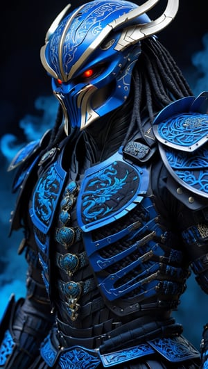 ultra Realistic, Predator wear cyborg Turkish patterns embroidered samurai Armor, blue and black Turkish patterns embroidered Samurai Armor, high futuristic cyberpunk style, vibrant colour smoke,incredibly detailed, dark, key visuals, atmospheric, highly realistic,ultra Quality ray tracing