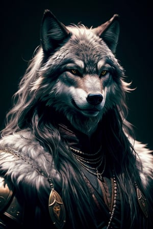 ((photo:1.2)), portrait, hairy large furry grey wolf dressed as a wise warrior king, stylish costume design, intrincate, long curly hair, dramatic lighting, dynamic camera, meticulous detail, masterpiece, best quality, dark shadows, ((dark fantasy)), detailed, realistic, 8k uhd, high quality, cinematic shot  