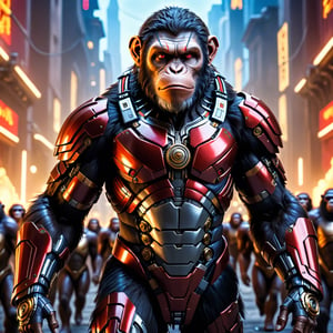 (8k uhd, masterpiece, best quality, high quality, absurdres, ultra-detailed, detailed background, centralized, full-body portrait), Cyborg version of (cesar character of planet of the apes movie). sole_male, anthropomorphic monkey, black fur, muscular, divine, charismatic, mischievous. | A perfect mashup betweenplanet of the apes's caesar and a futuristic cyborg. | (((mixed red-golden colored theme))). cables, gears, in place of the muscles and hairs, ((glowing eyes, 
Luminous_iris )), detailed facial expressions, ((H.R.Geiger)), intricate details,, 
dynamic lighting, bokeh.,EpicSky,cyborg style,HellAI,cyborg,android,hdsrmr